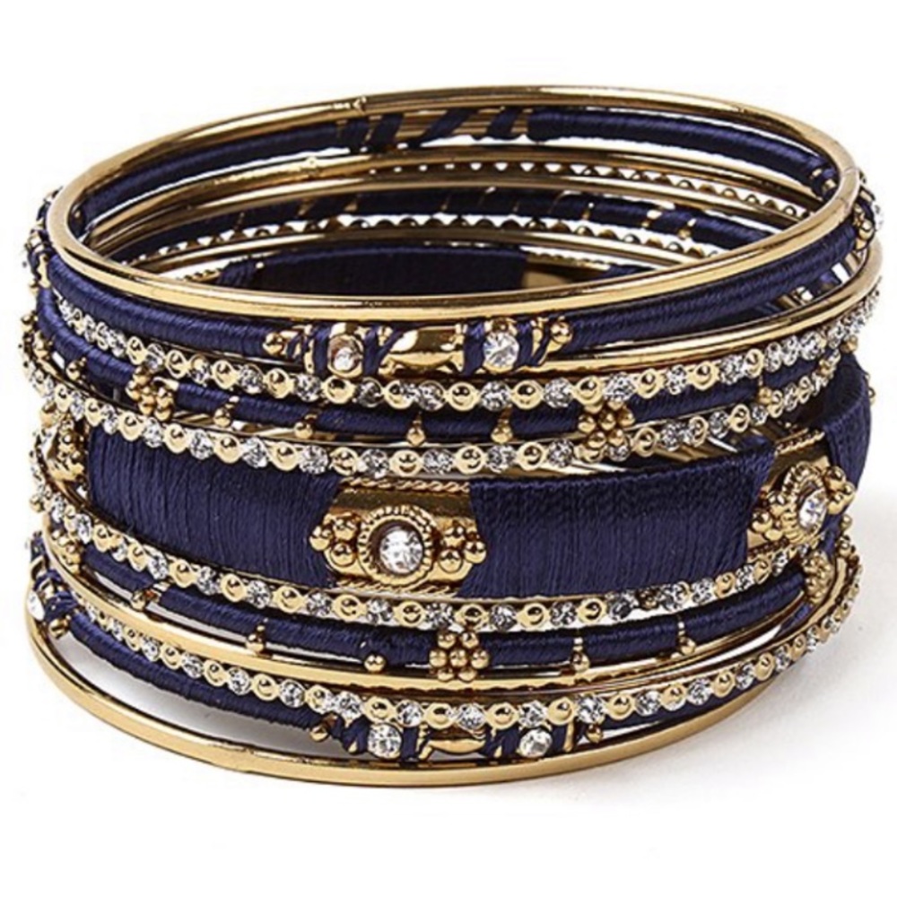 Austrian Crystal & Navy Ankara Bangle Set